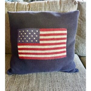 Vintage Ralph Lauren American Flag Throw Pillow Navy Blue 20" Knit + Insert